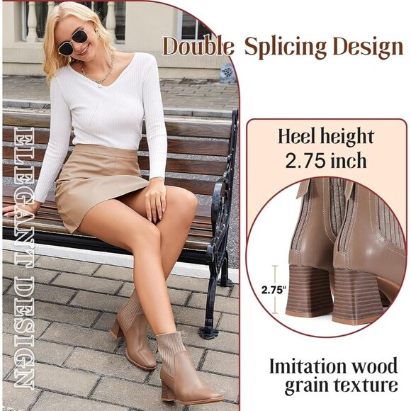 Women's Square Toe Ankle Khaki Boots Low Block Heel Chelsea Mid Calf Booties - Picture 4 of 7